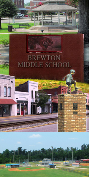 Separate images of the community: a round pavilion in the park, a sign of the Brewton Middle School, a baseball park, and a row of shops.A collage of Brewton, Alabama community. A photo of the Brewton Middle School, a baseball field and older buildings